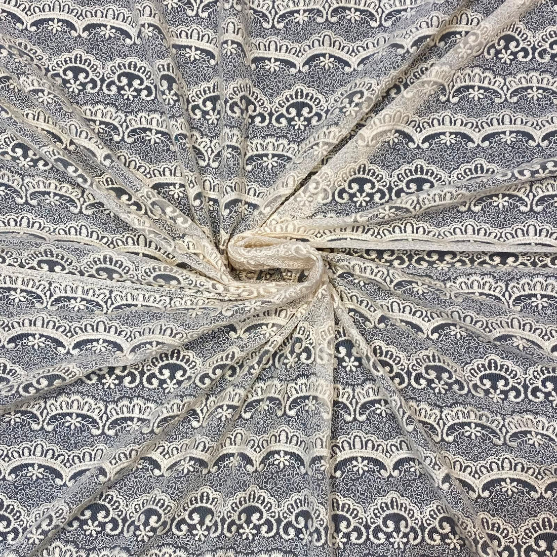 Natural Intricate Mesh Embroidery Fabric with Scalloped Edges