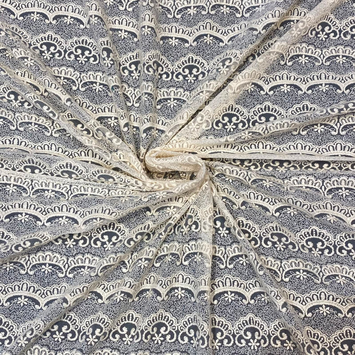 Natural Intricate Mesh Embroidery Fabric with Scalloped Edges
