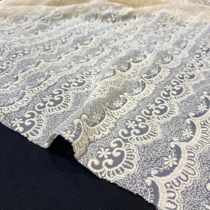 Natural Intricate Mesh Embroidery Fabric with Scalloped Edges