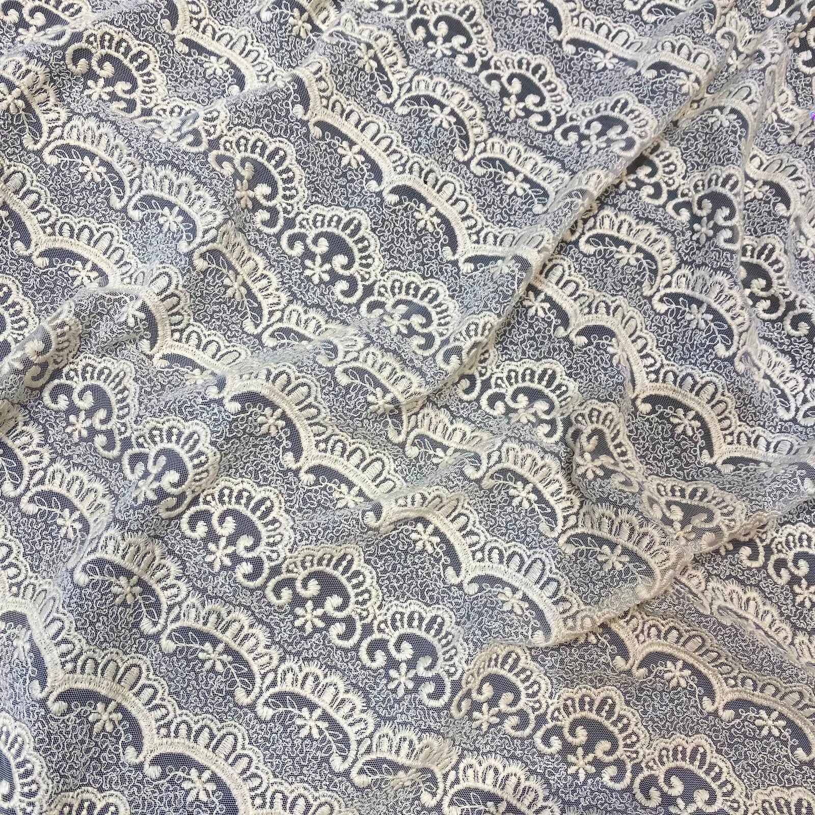 Natural Intricate Mesh Embroidery Fabric with Scalloped Edges