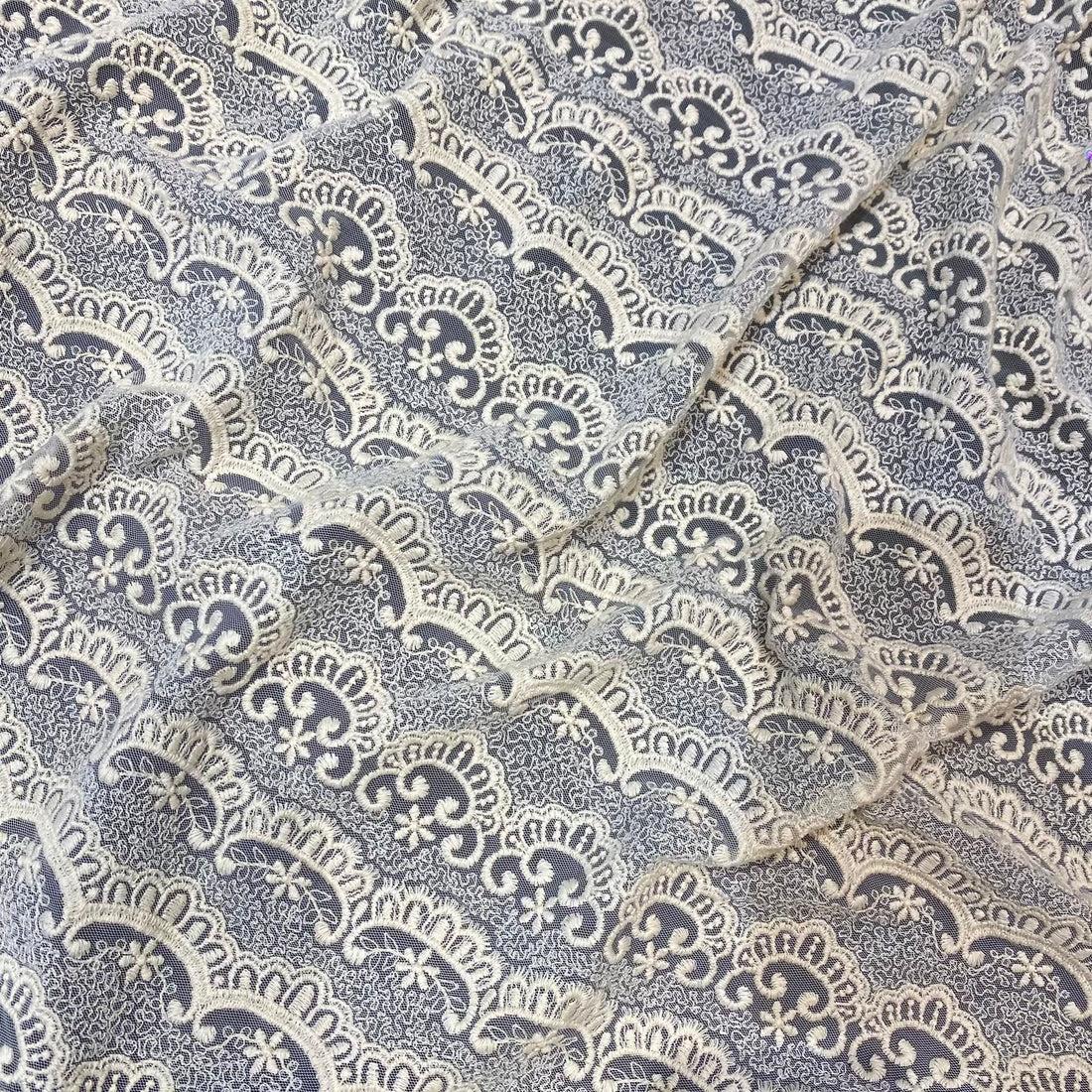 Natural Intricate Mesh Embroidery Fabric with Scalloped Edges