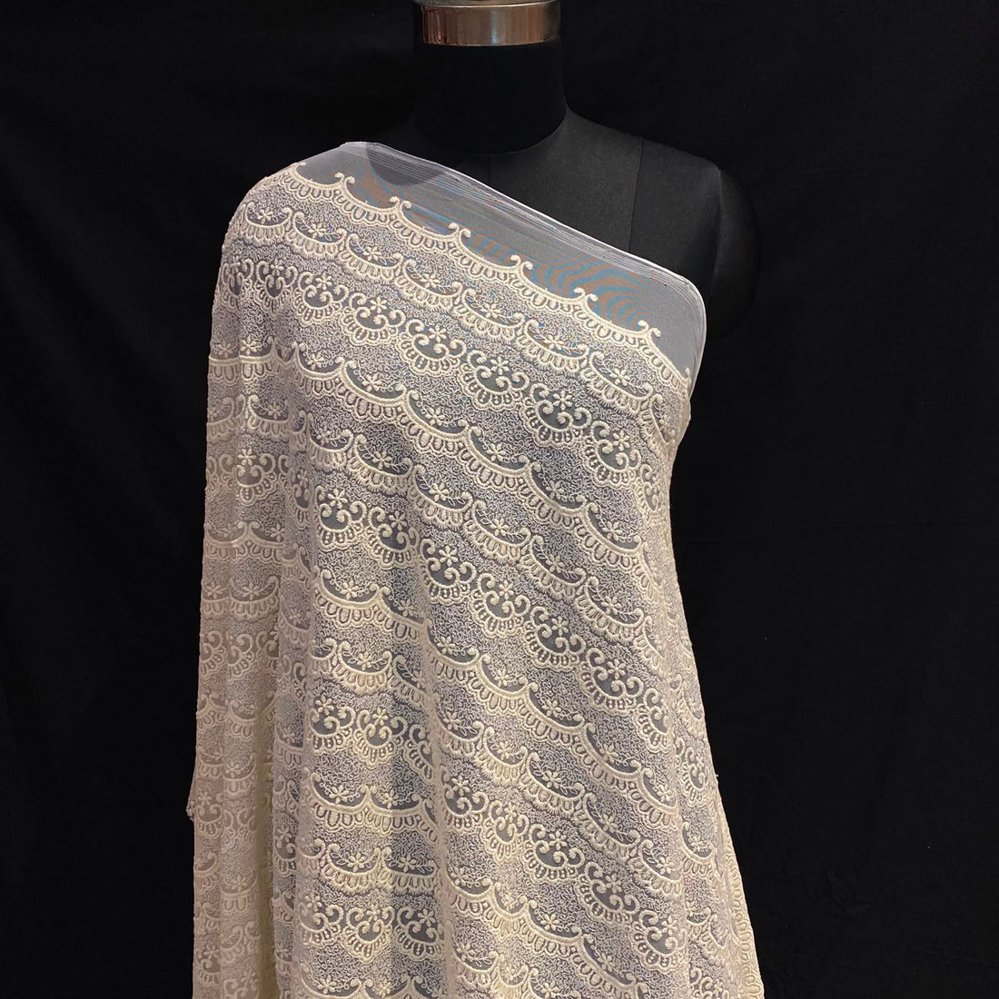 Natural Intricate Mesh Embroidery Fabric with Scalloped Edges
