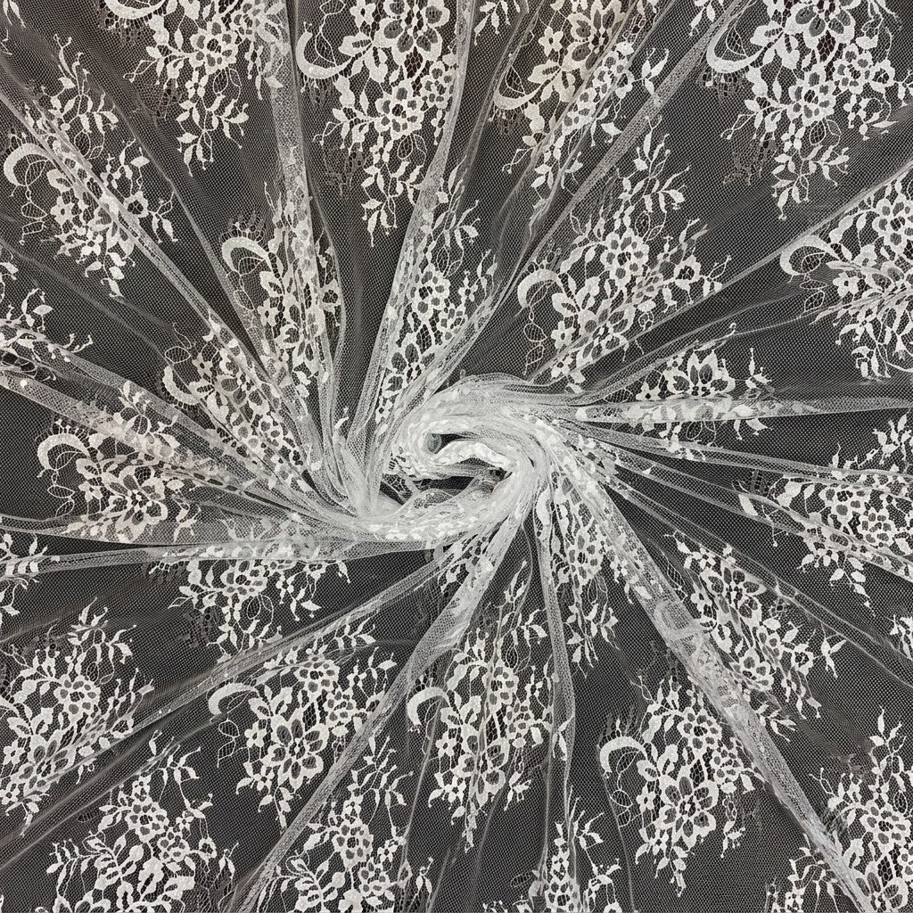 White Floral Lace Border Eyelash Raschel Fabric- 3 mtr