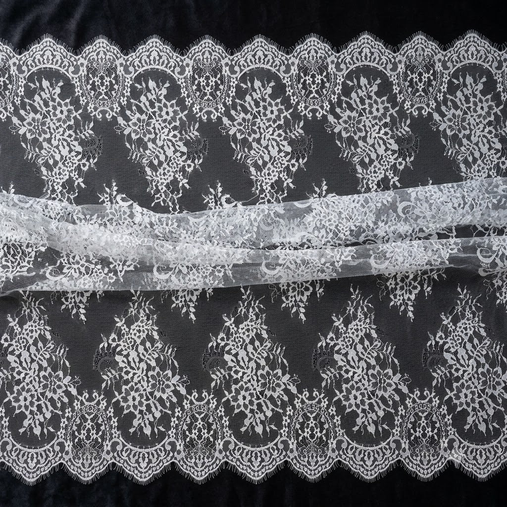 White Floral Lace Border Eyelash Raschel Fabric- 3 mtr