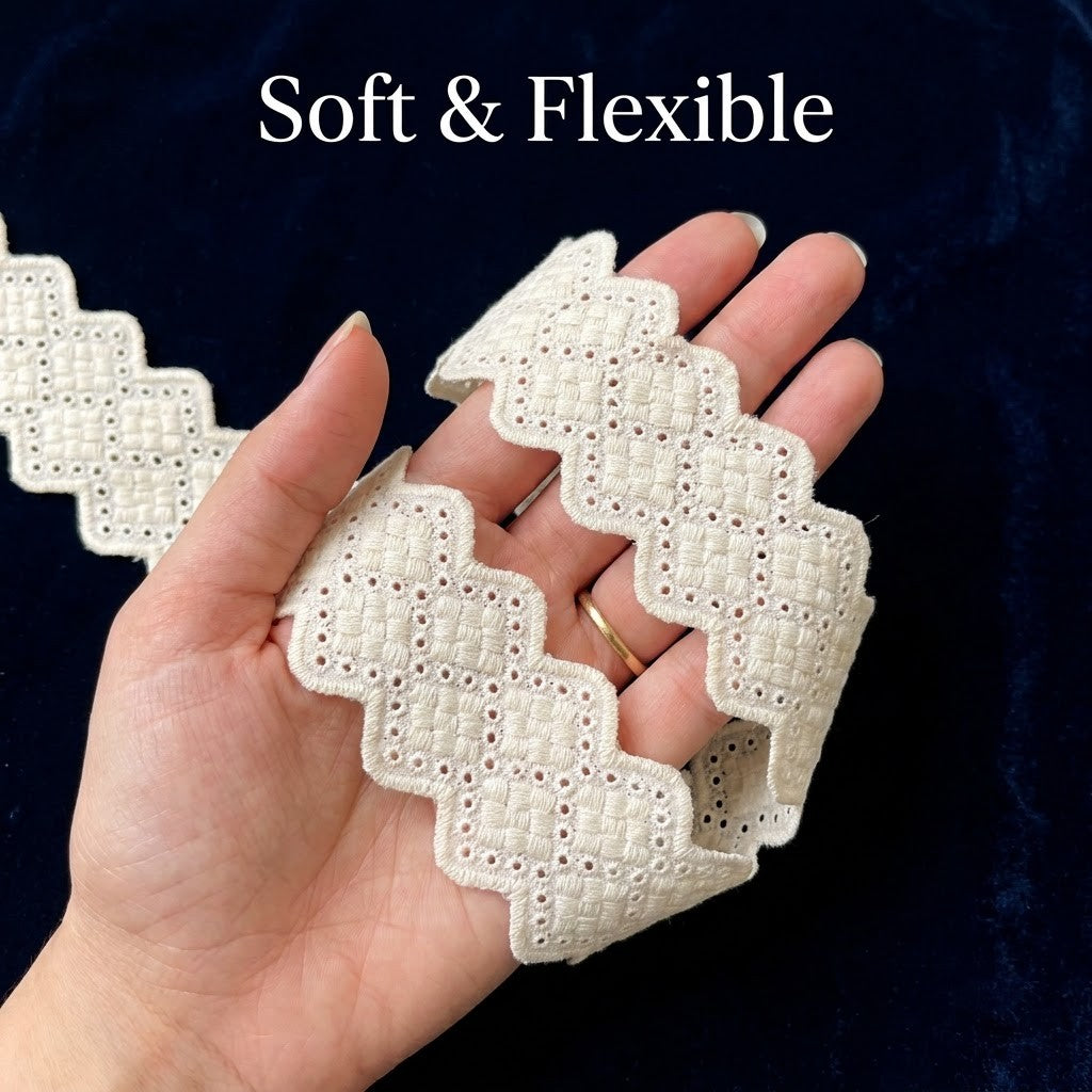 Natural Geometric Diamond Pattern Schiffli Embroidery Lace – 5 mtr
