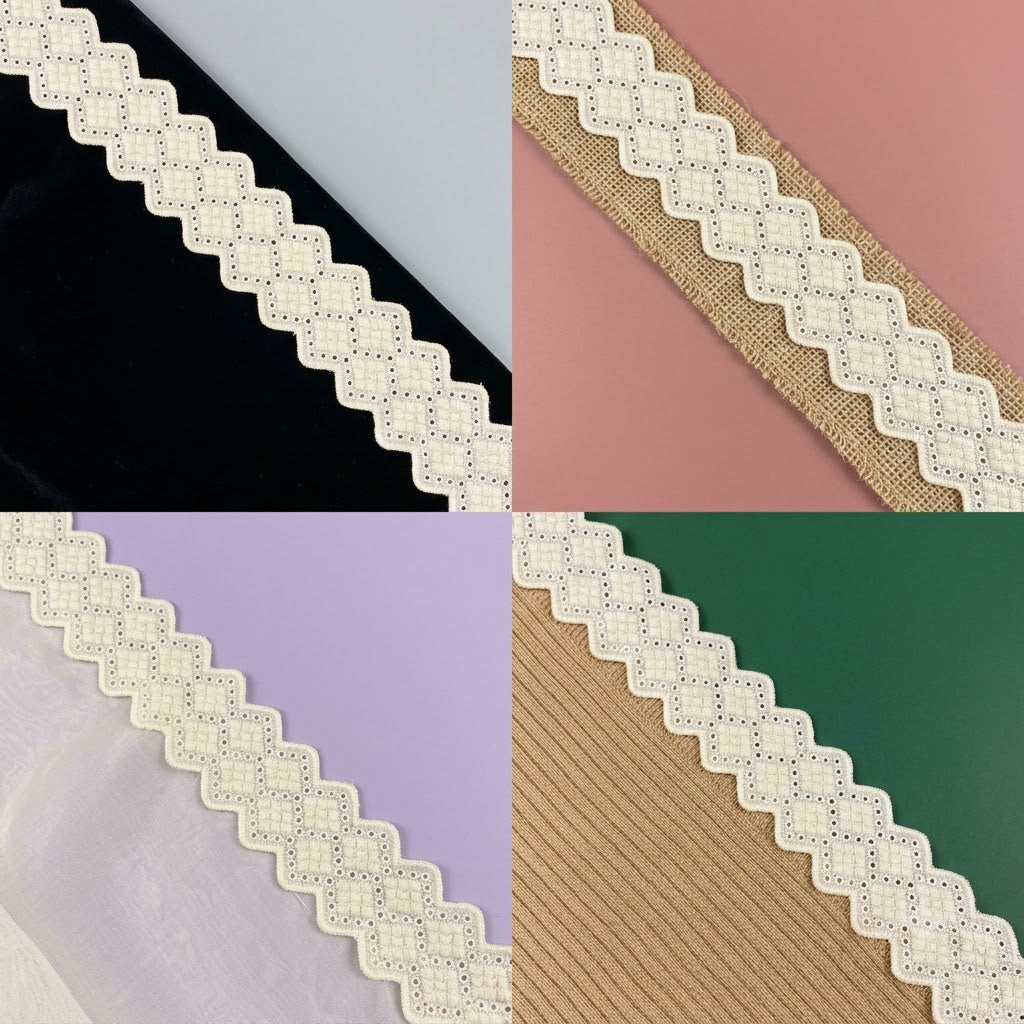 Natural Geometric Diamond Pattern Schiffli Embroidery Lace – 5 mtr