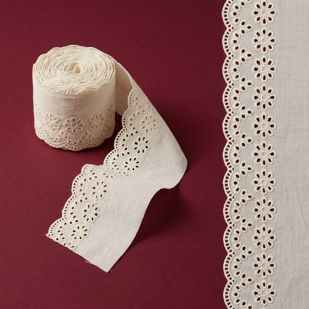Natural Daisy Eyelet Embroidered Schiffli Lace - 5 mtr