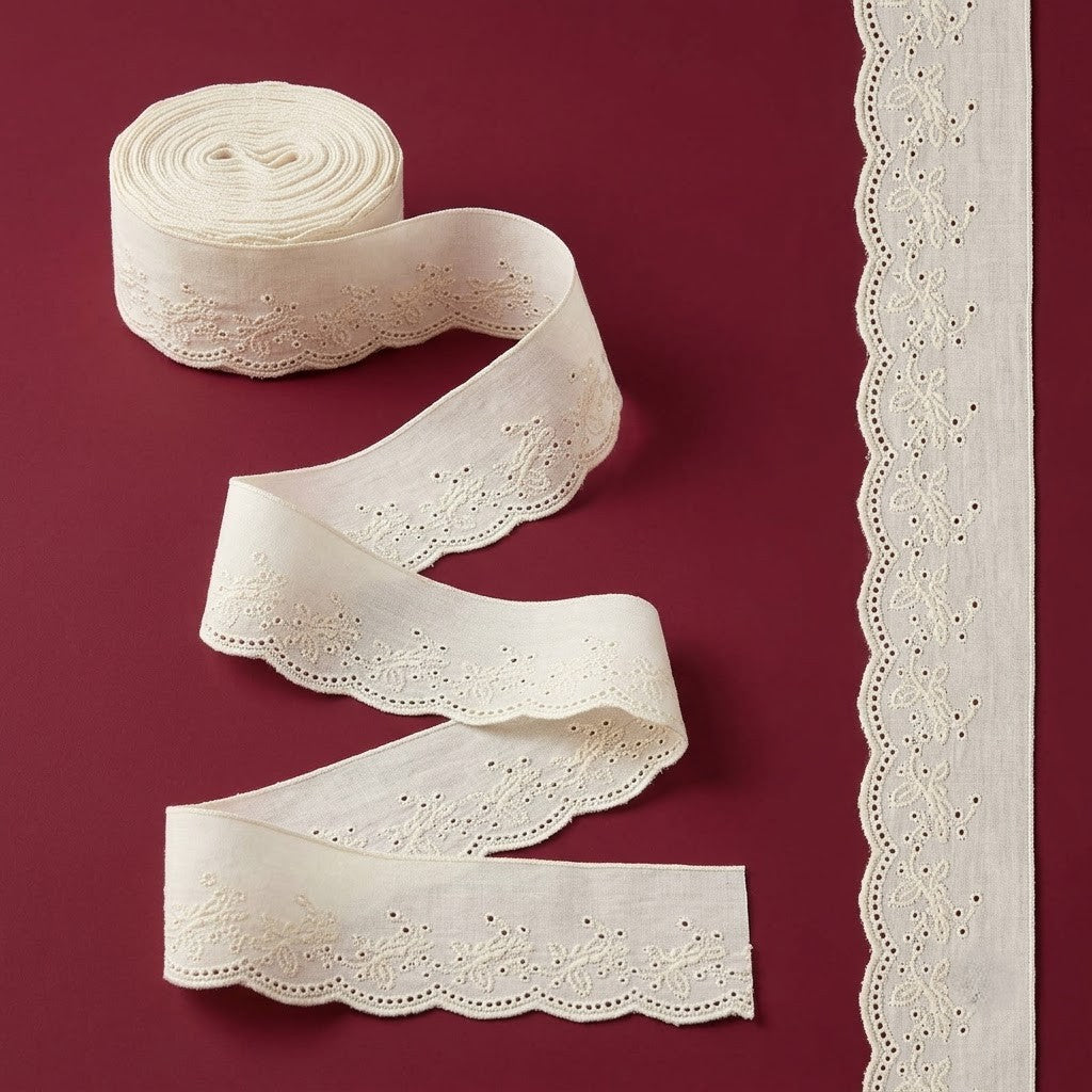Natural Floral Vine Eyelet Embroidery Schiffli Lace - 5 mtr