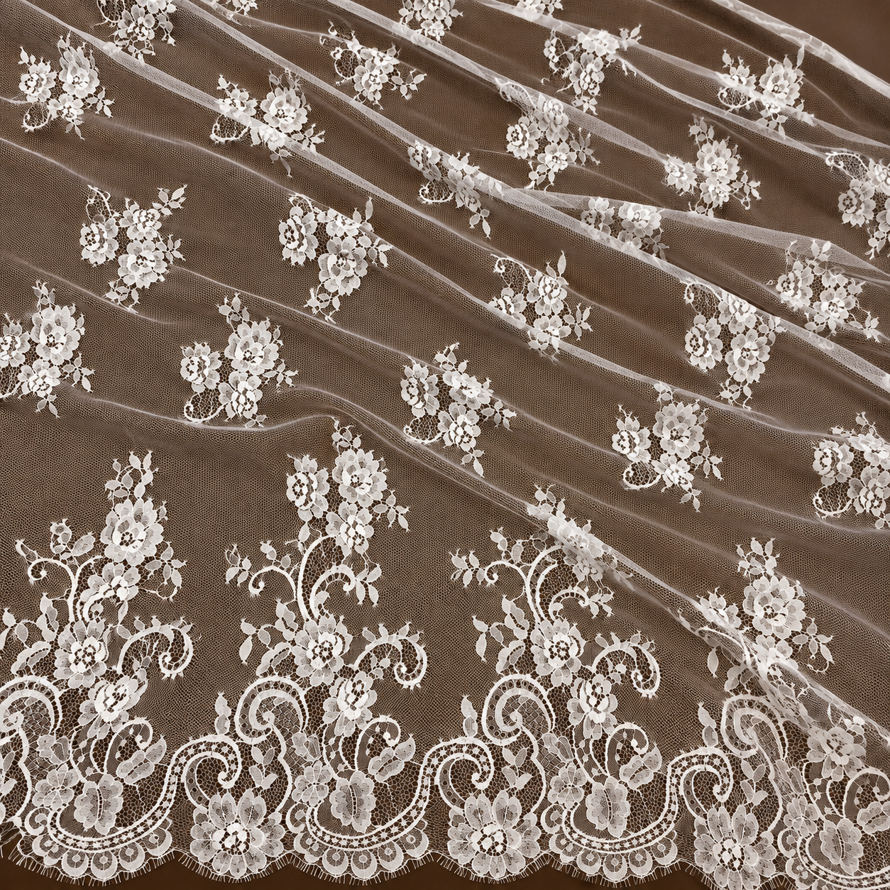 White Paisley Floral Eyelash Raschel Fabric- 3 mtr