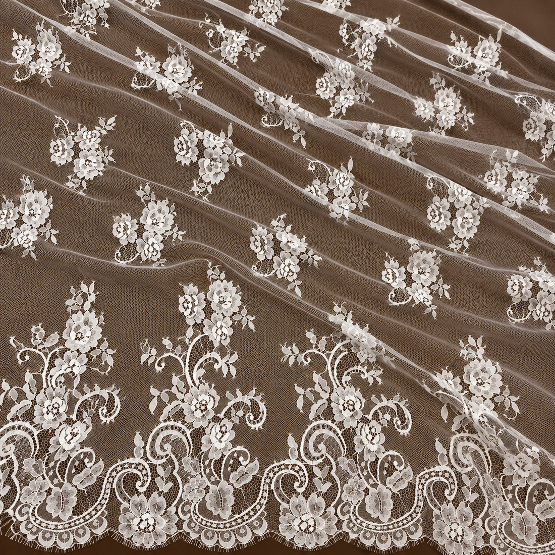 White Paisley Floral Eyelash Raschel Fabric- 3 mtr