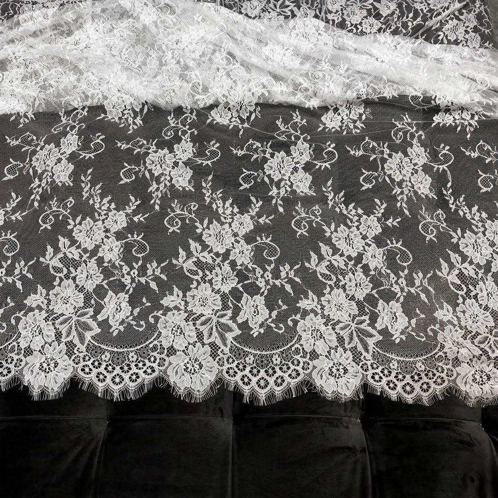 White Floral Scalloped Border Eyelash Raschel Fabric- 3 mtr