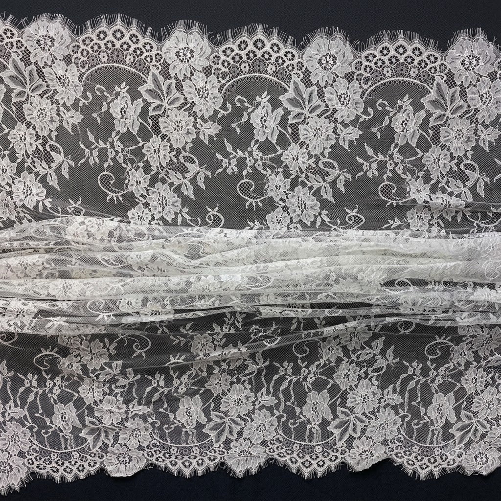 White Floral Scalloped Border Eyelash Raschel Fabric- 3 mtr
