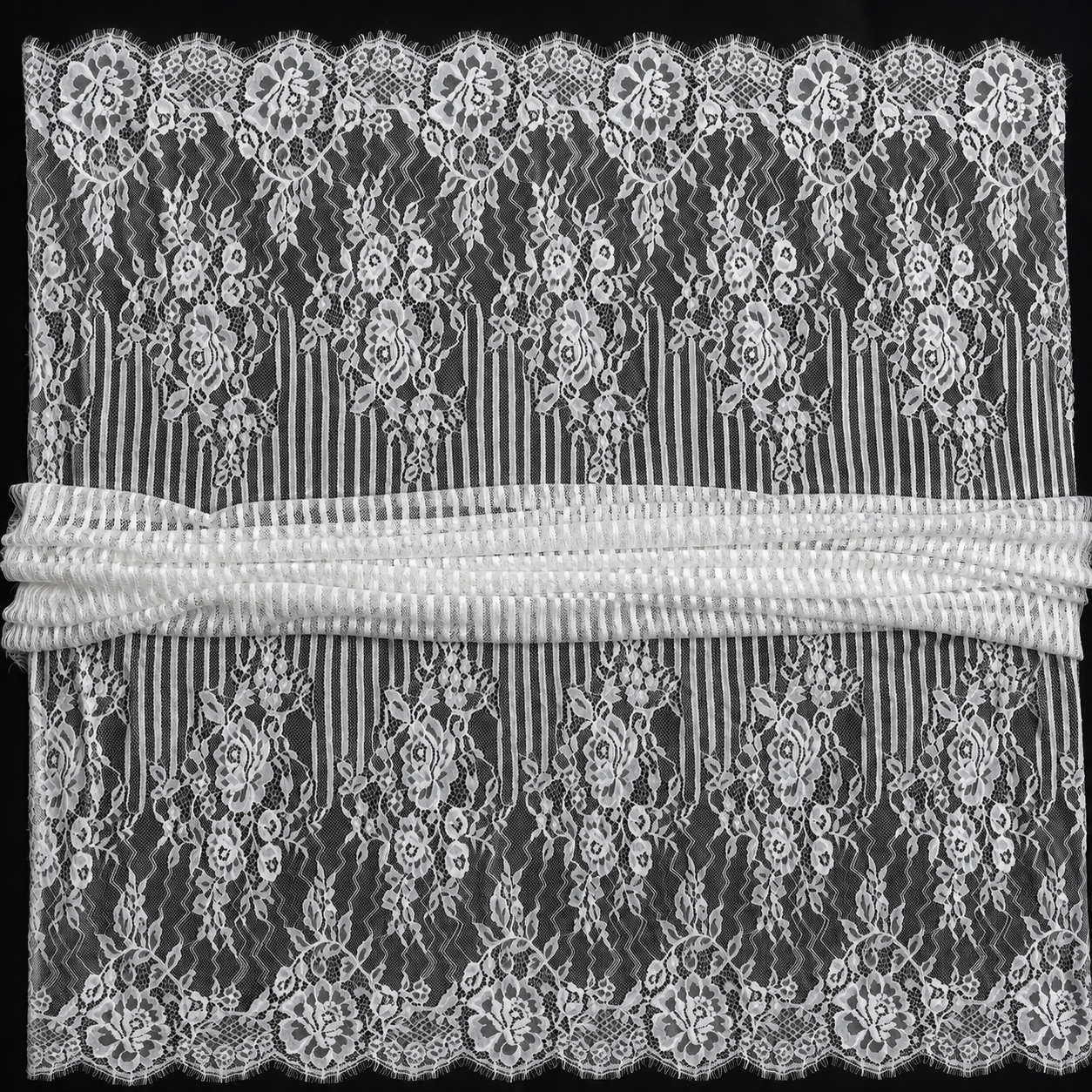 White Floral Stripe Eyelash Raschel Fabric- 1.5 mtr