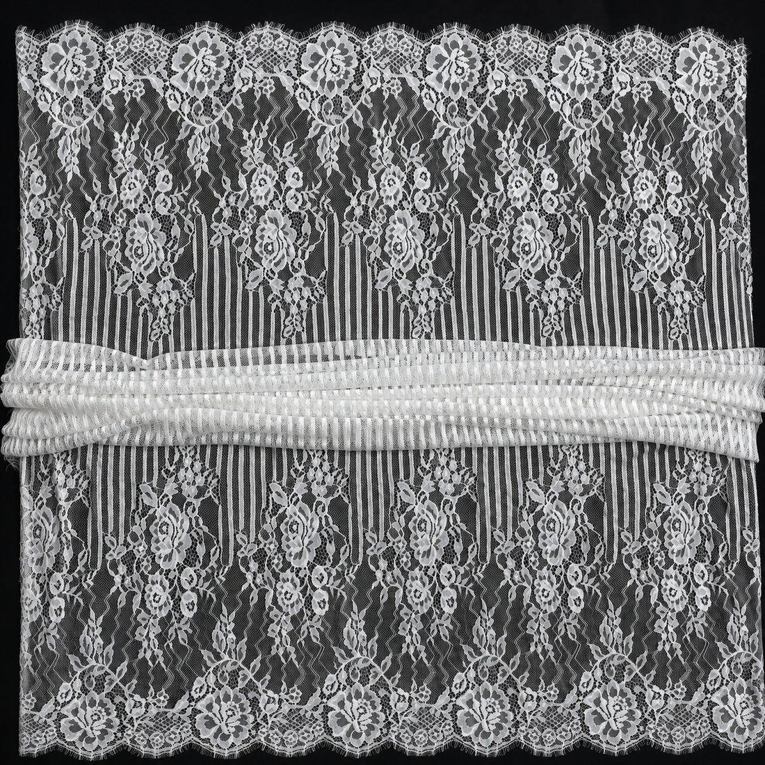 White Floral Stripe Eyelash Raschel Fabric- 1.5 mtr