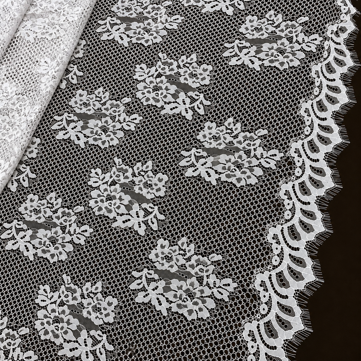 White Floral Scalloped Eyelash Raschel Fabric- 3 mtr