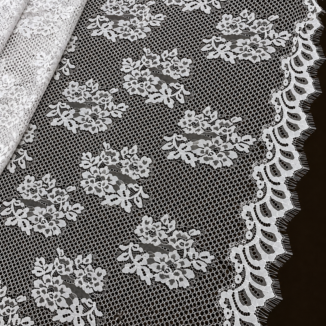 White Floral Scalloped Eyelash Raschel Fabric- 3 mtr