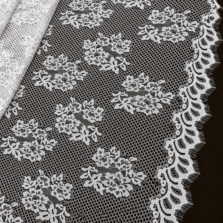 White Floral Scalloped Eyelash Raschel Fabric- 3 mtr