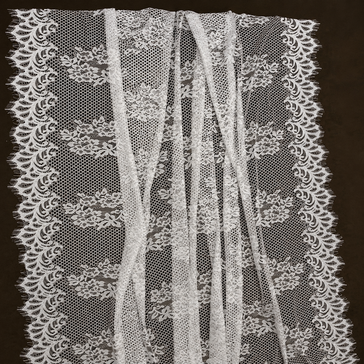 White Floral Scalloped Eyelash Raschel Fabric- 3 mtr