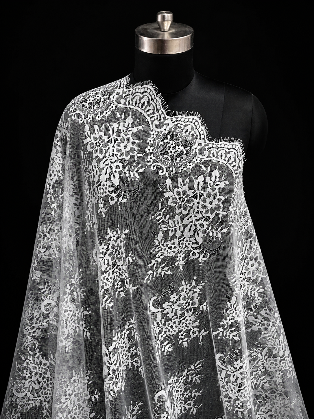 White Floral Lace Border Eyelash Raschel Fabric- 3 mtr