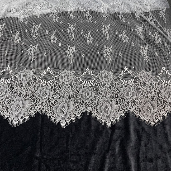 White Rose Motif Eyelash Raschel Fabric- 3 mtr