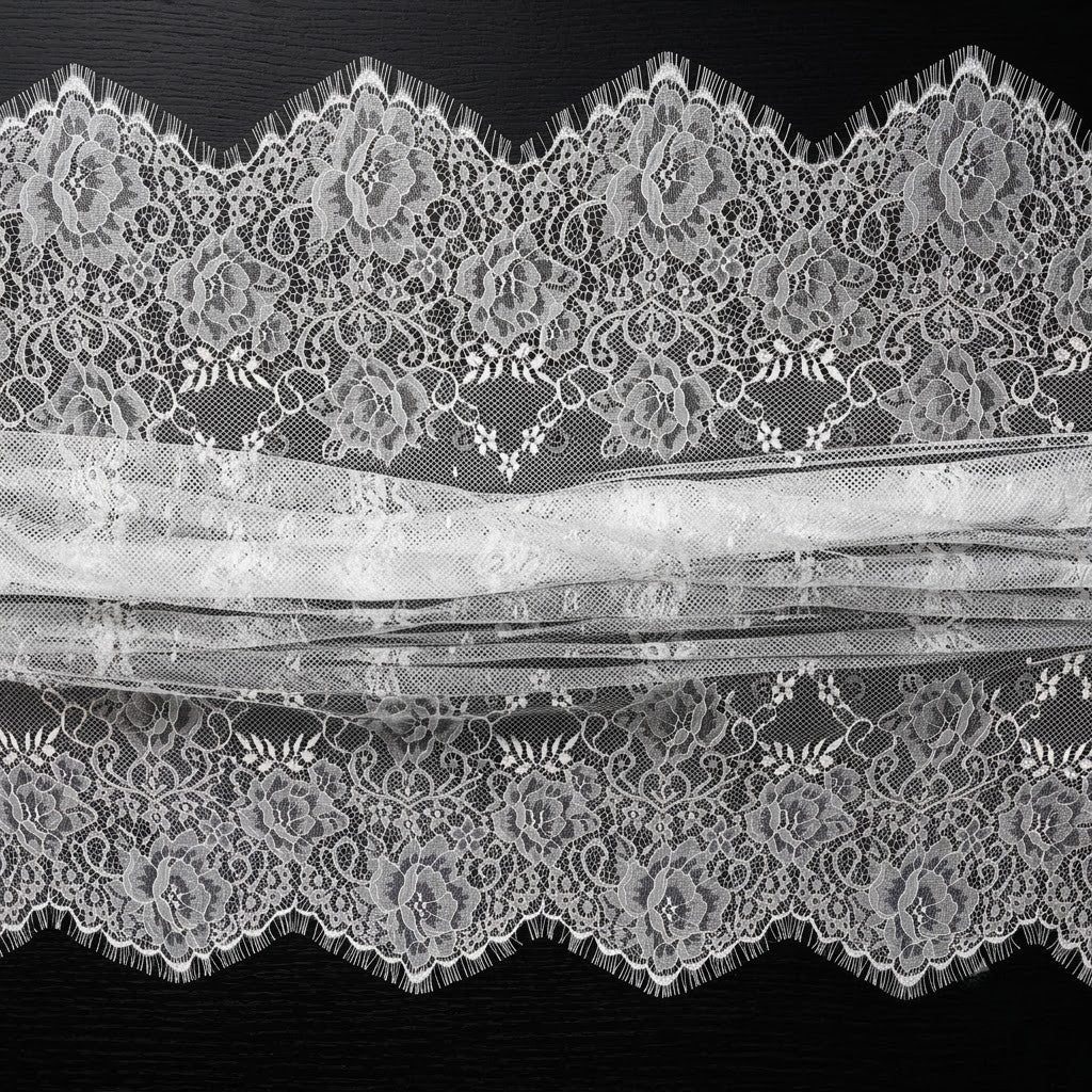 White Rose Motif Eyelash Raschel Fabric- 3 mtr