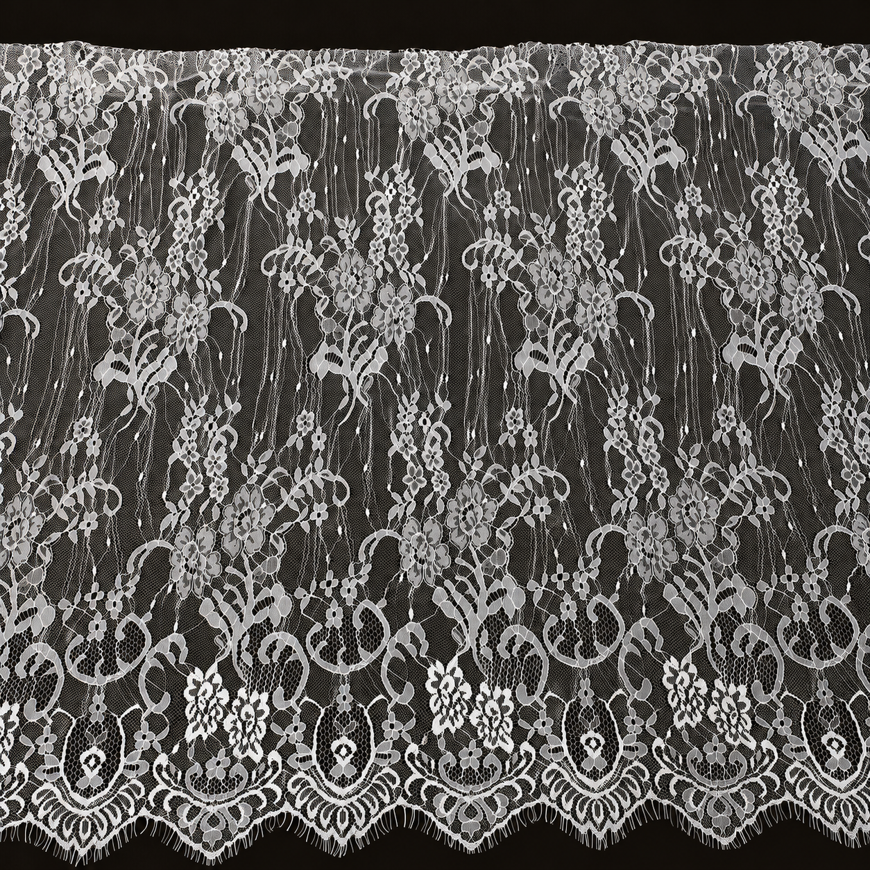 White Floral Vine Eyelash Raschel Fabric- 3 mtr