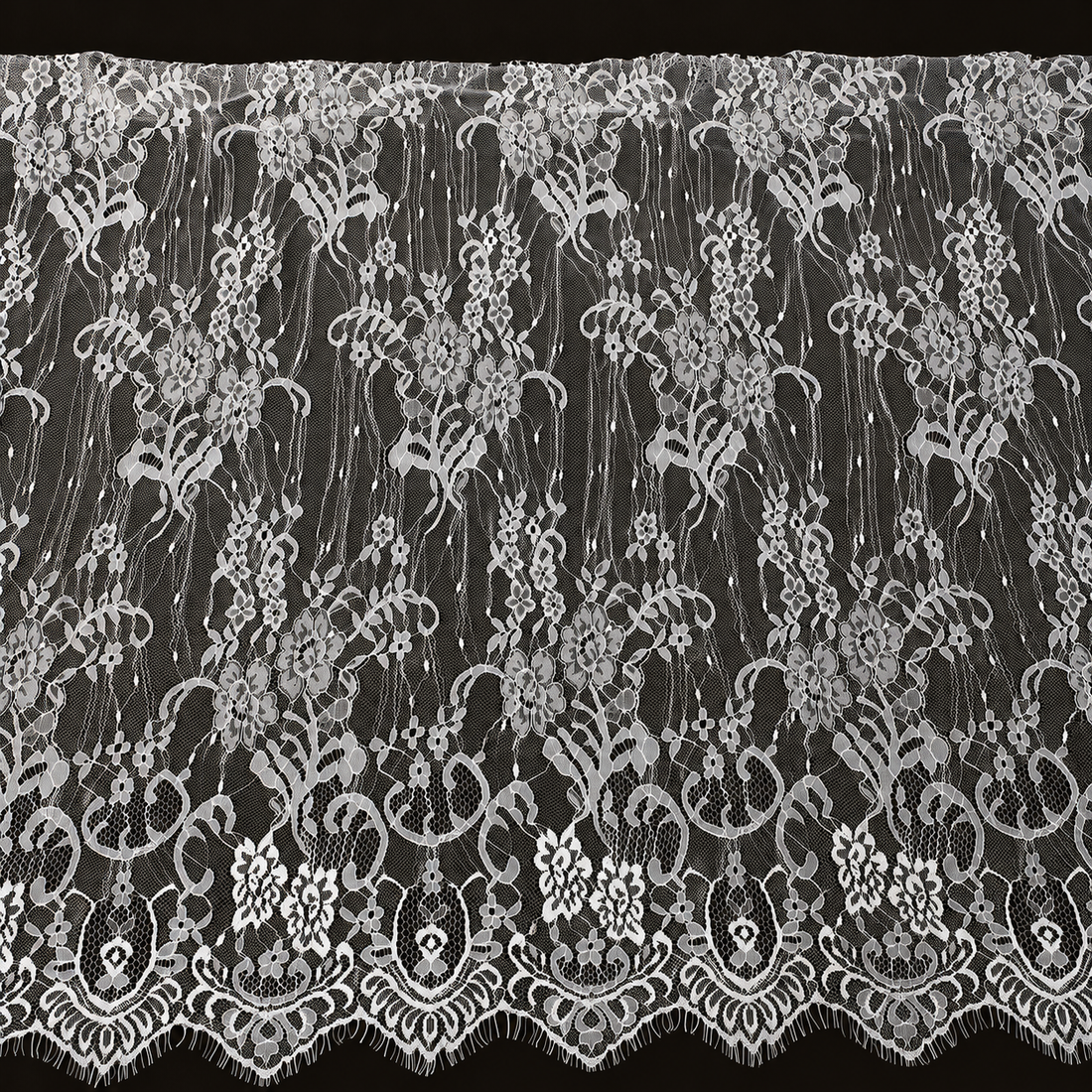 White Floral Vine Eyelash Raschel Fabric- 3 mtr