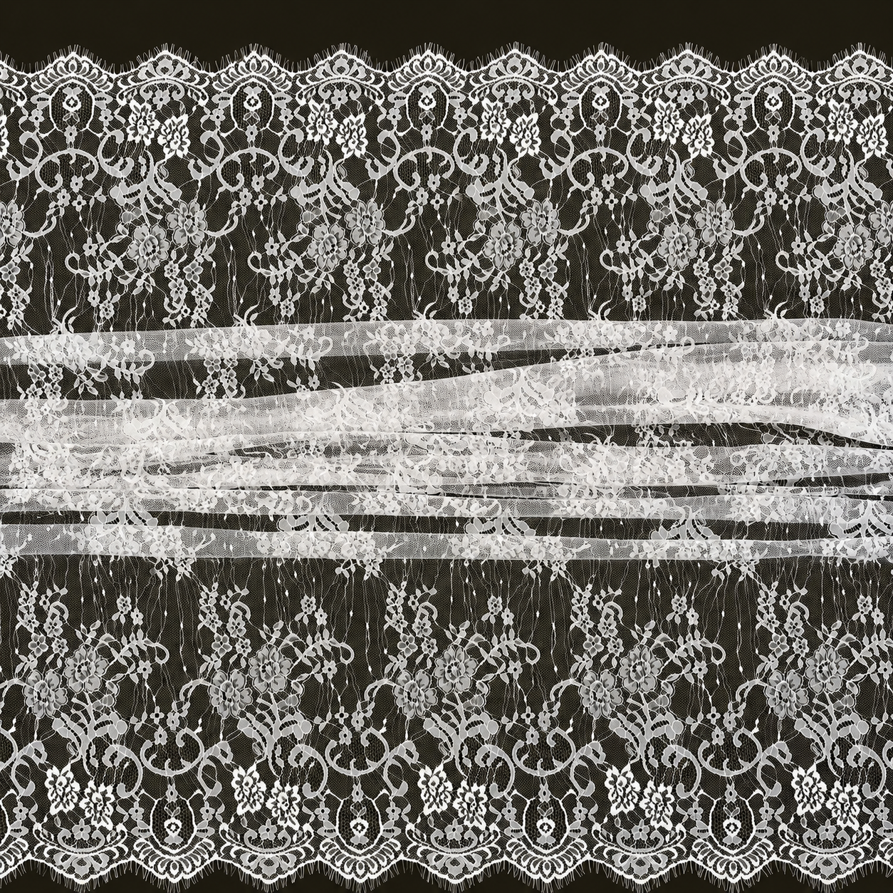 White Floral Vine Eyelash Raschel Fabric- 3 mtr