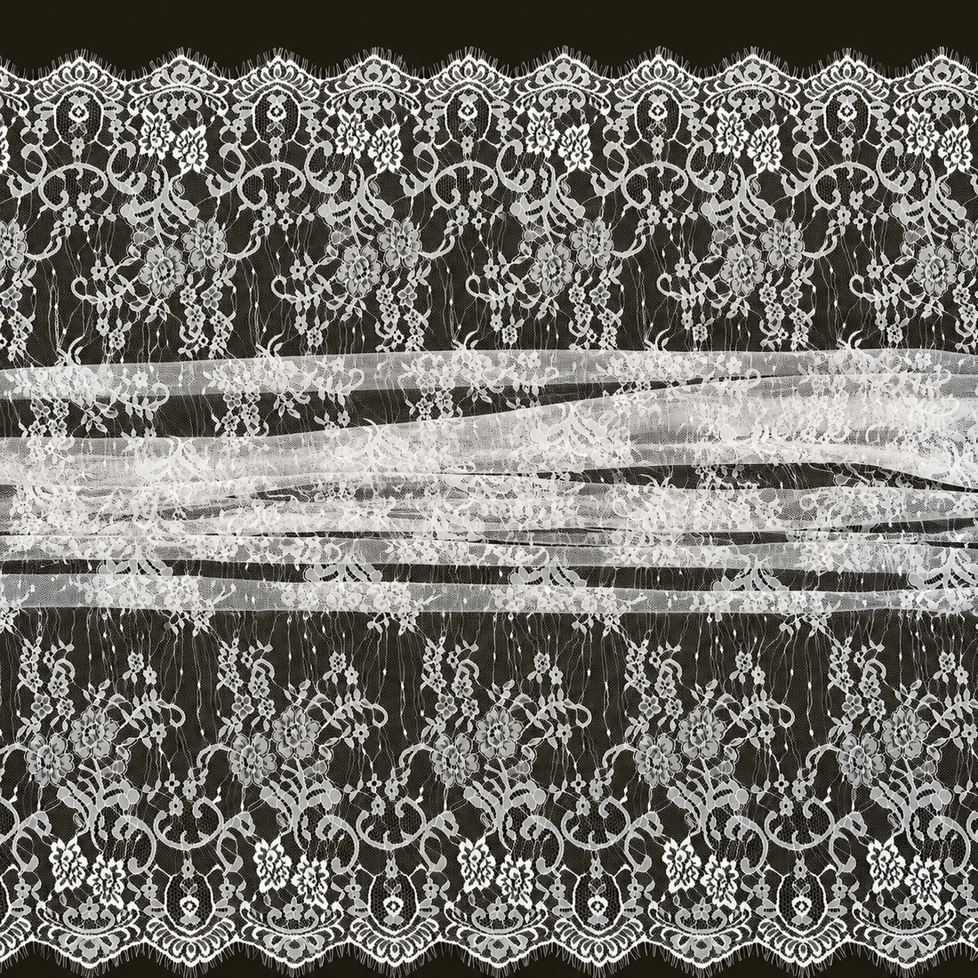 White Floral Vine Eyelash Raschel Fabric- 3 mtr