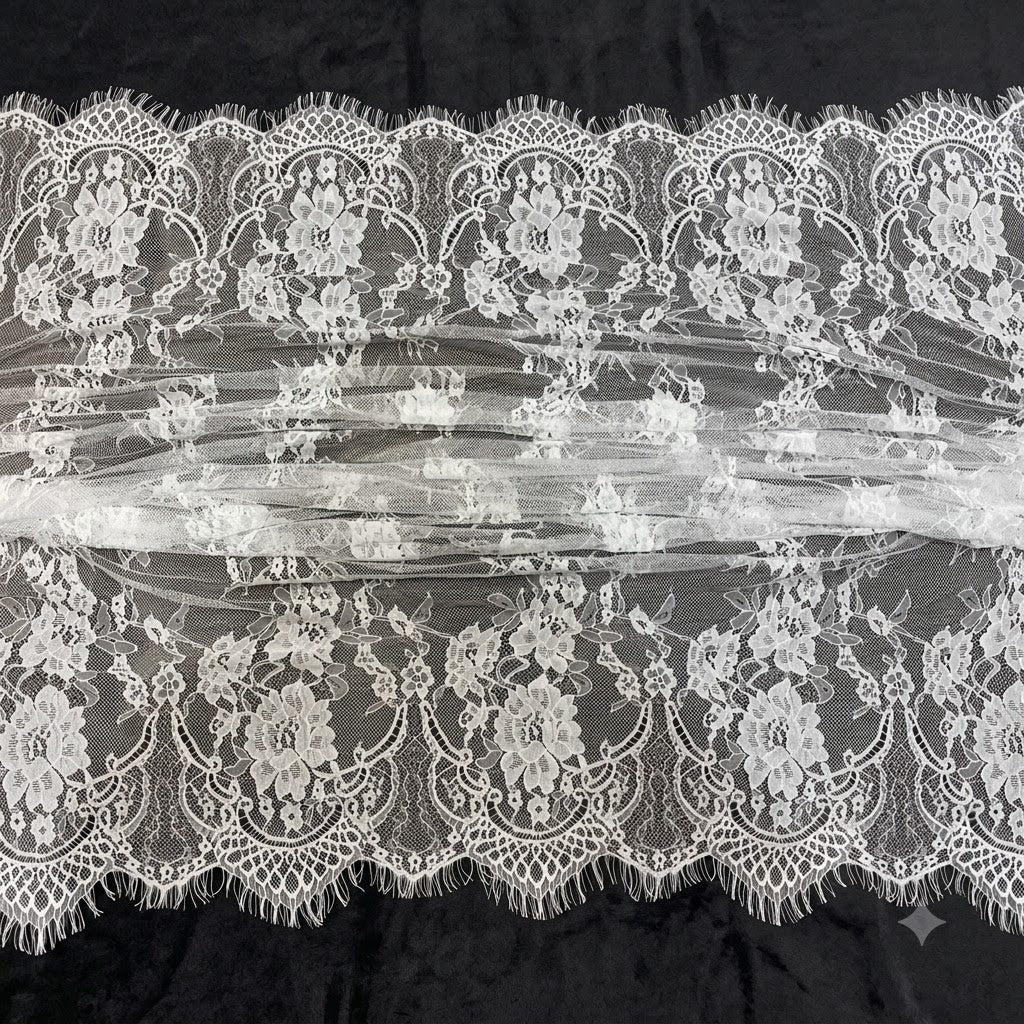 White Floral Lace Border Eyelash Raschel Fabric- 3 mtr