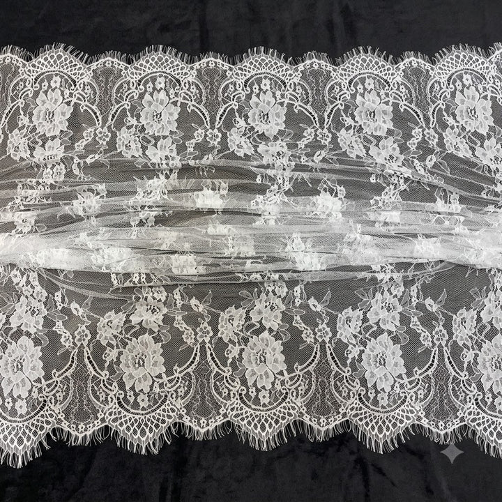 White Floral Lace Border Eyelash Raschel Fabric- 3 mtr
