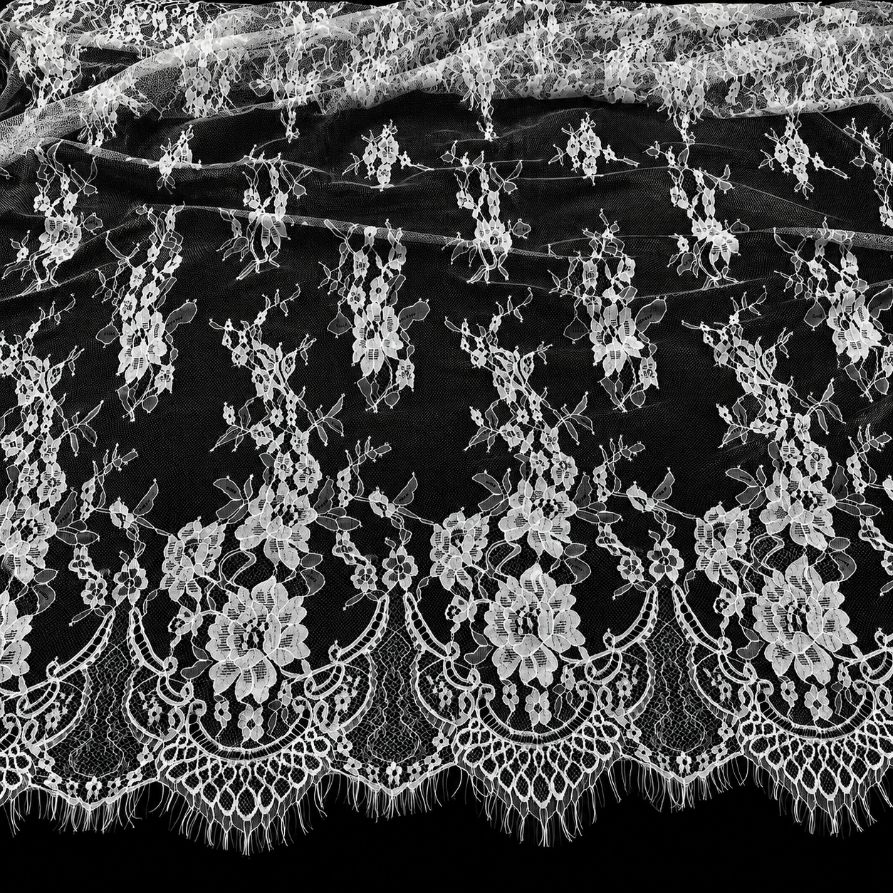 White Floral Lace Border Eyelash Raschel Fabric- 3 mtr