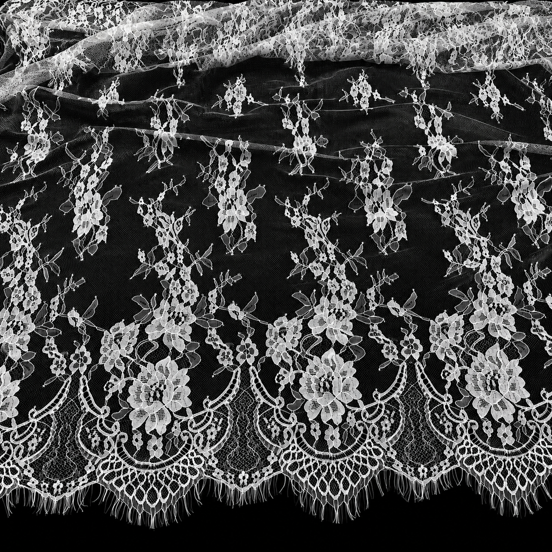 White Floral Lace Border Eyelash Raschel Fabric- 3 mtr