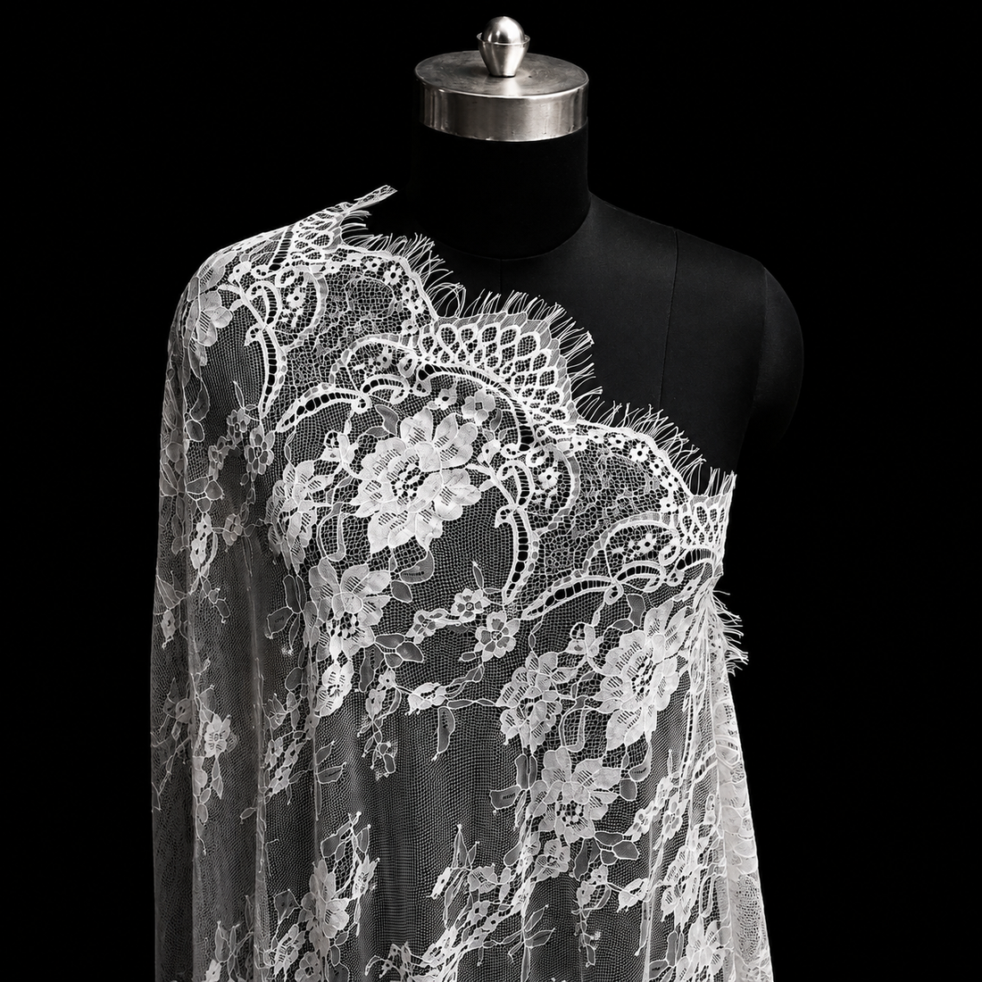 White Floral Lace Border Eyelash Raschel Fabric- 3 mtr