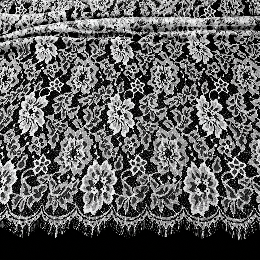 White Floral Scalloped Eyelash Raschel Fabric- 3 mtr