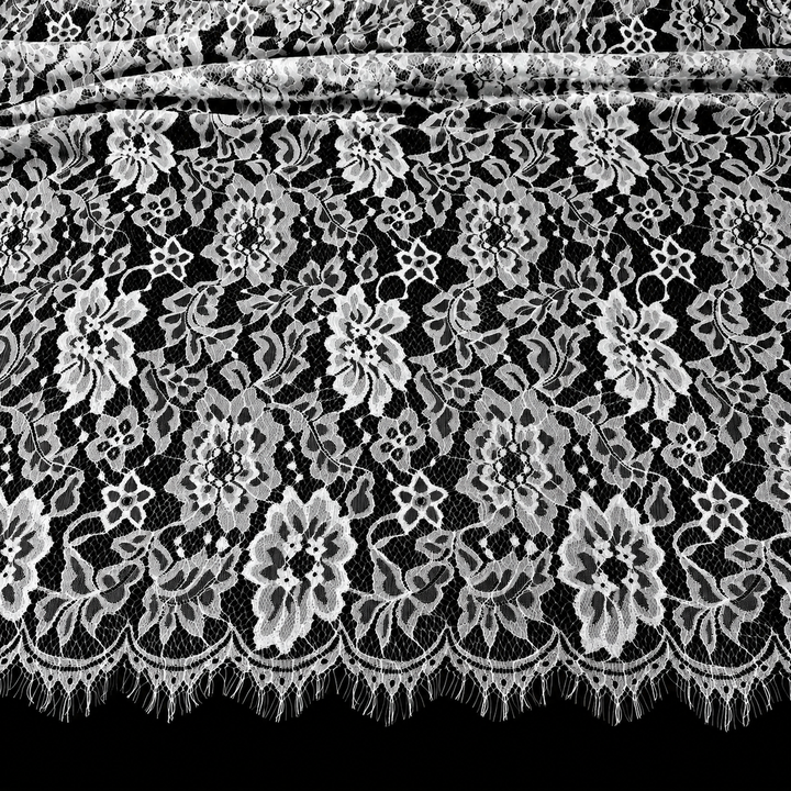 White Floral Scalloped Eyelash Raschel Fabric- 3 mtr