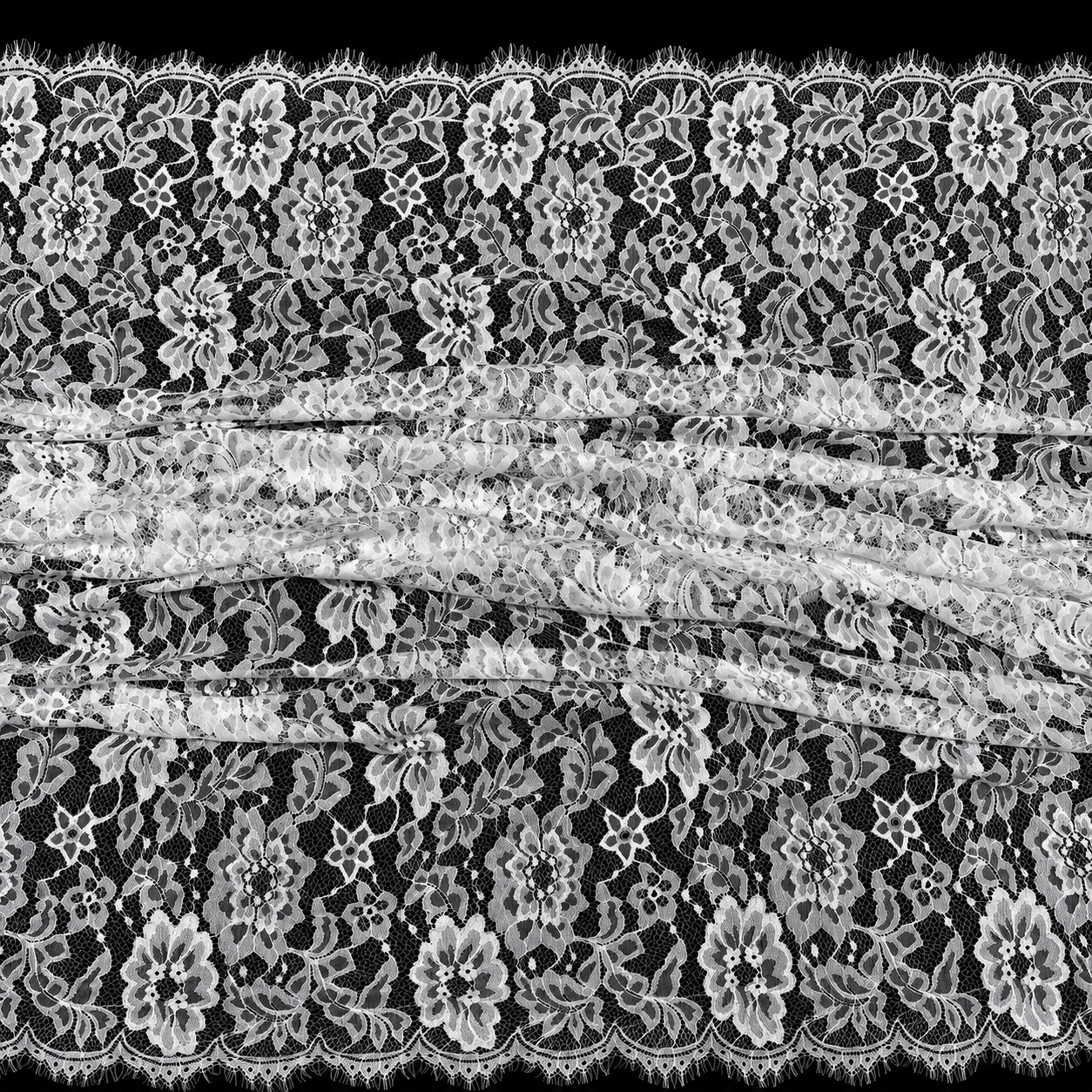 White Floral Scalloped Eyelash Raschel Fabric- 3 mtr