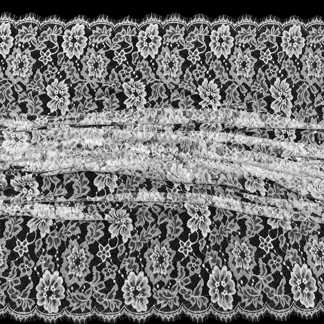 White Floral Scalloped Eyelash Raschel Fabric- 3 mtr
