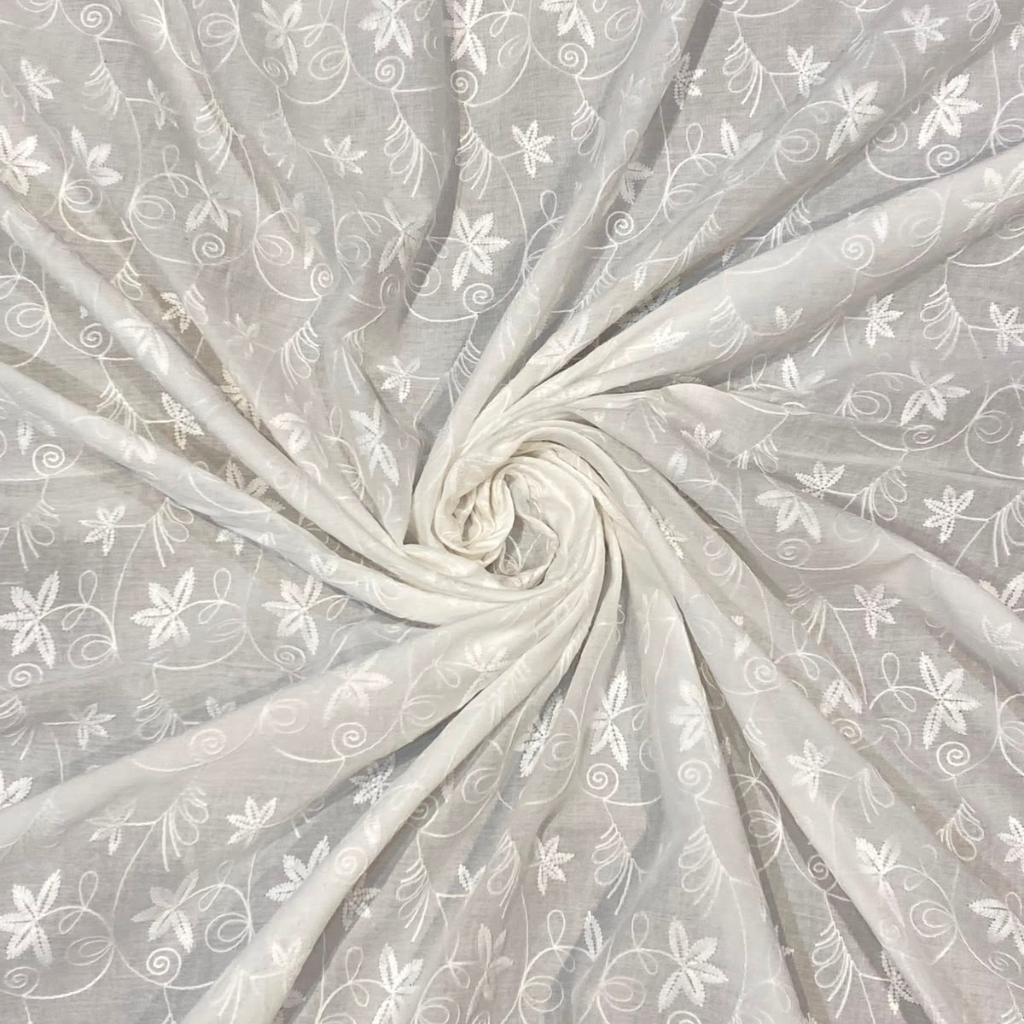 White Floral Embroidered Vine Design Schiffli fabric
