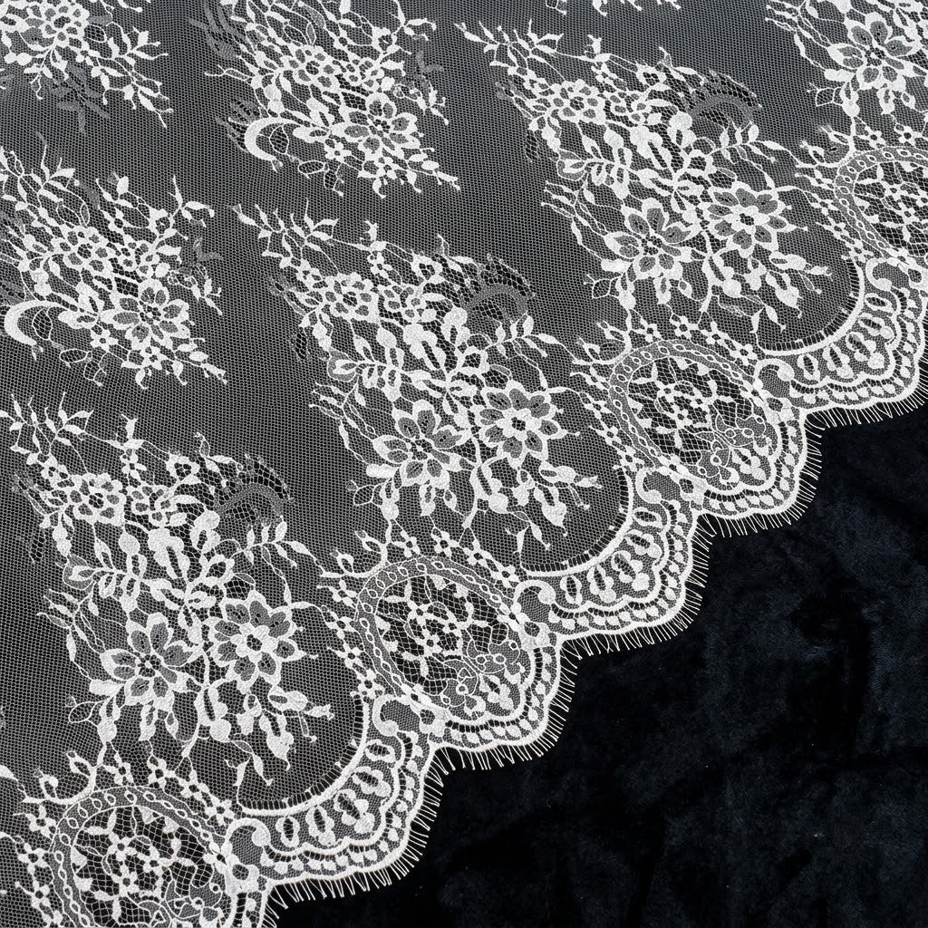White Floral Lace Border Eyelash Raschel Fabric- 3 mtr