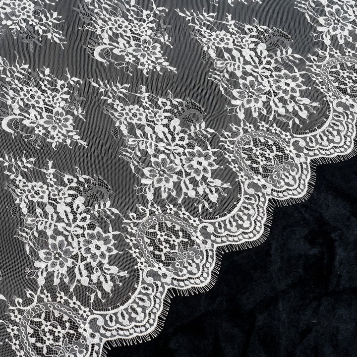 White Floral Lace Border Eyelash Raschel Fabric- 3 mtr