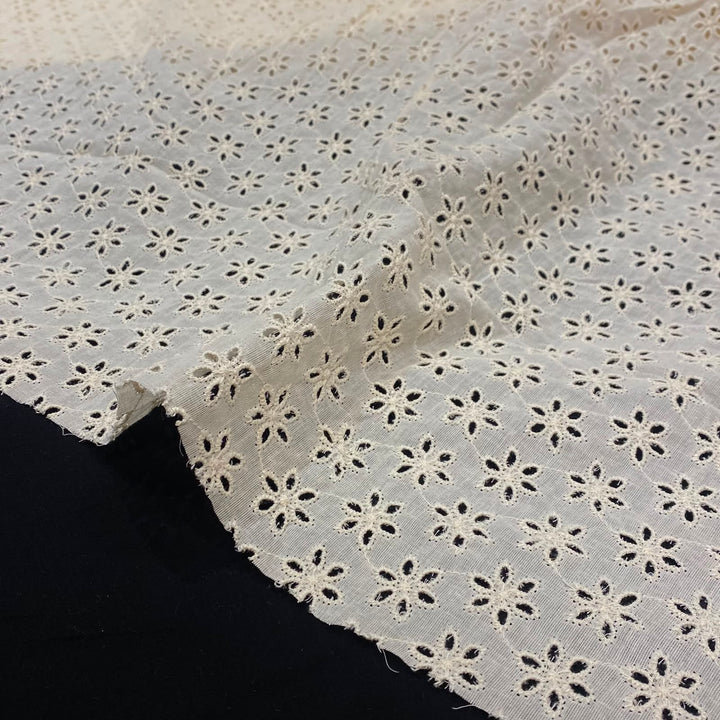 Natural Floral Schiffli Embroidered Fabric